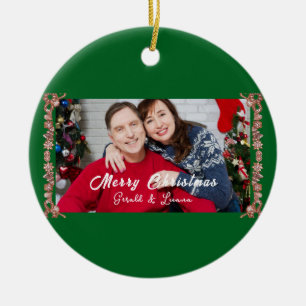 Aangepaste Eenvoudige Monogram Groene Kerstfoto Keramisch Ornament