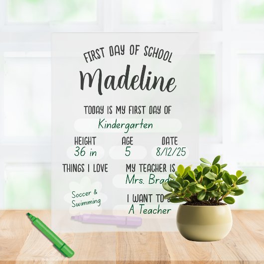 Aangepaste eerste dag van school vul in acryl bord
