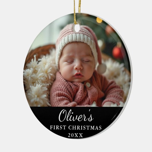 Aangepaste eerste kerst Baby foto zwart Keramisch Ornament (Links)