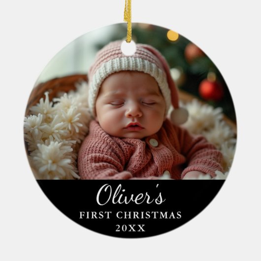 Aangepaste eerste kerst Baby foto zwart Keramisch Ornament (Achterkant)