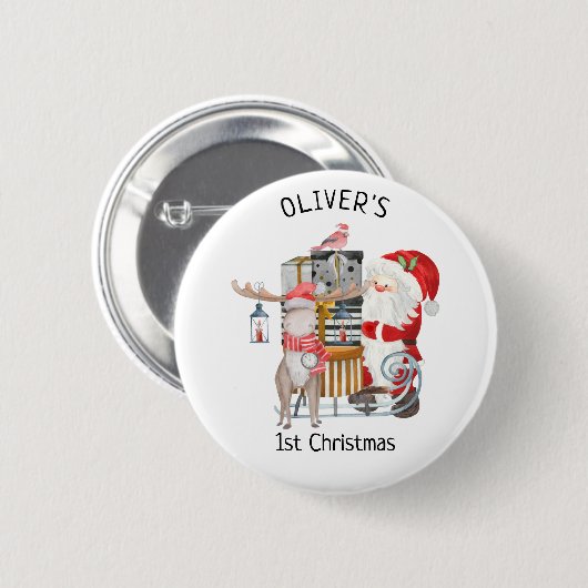 Aangepaste eerste kerstkerstman en rendier ronde button 5,7 cm (Voorkant /achterkant)