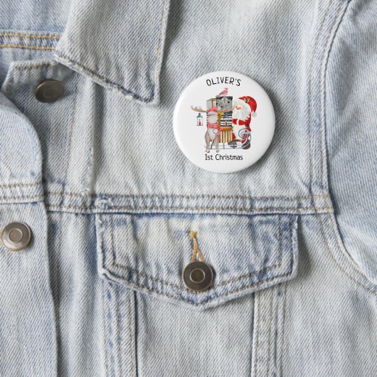 Aangepaste eerste kerstkerstman en rendier ronde button 5,7 cm (In situ)