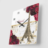 Aangepaste Eiffeltower Gold, witte marmer Roos Vierkante Klok (Hoek)