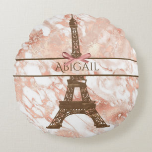 Aangepaste Eiffeltower White, Roos Gold Marble Rond Kussen