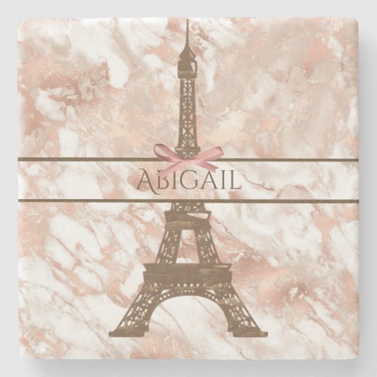 Aangepaste Eiffeltower White, Roos Gold Marble Stenen Onderzetter (Voorkant)