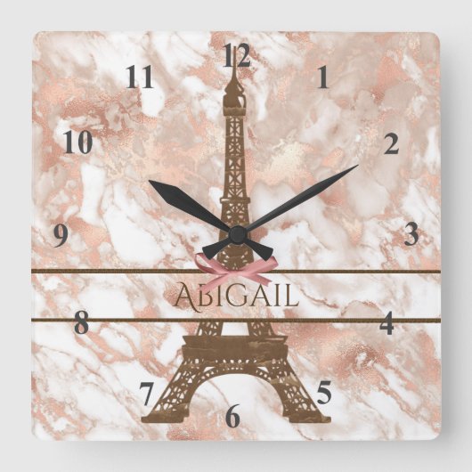 Aangepaste Eiffeltower White, Roos Gold Marble Vierkante Klok (Voorkant)