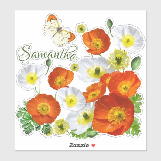 Aangepaste eilandpapavers en vlindervinyl sticker (Vel)