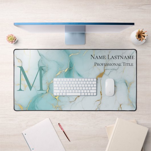 Aangepaste Elegant Monogram Aqua Marmer Bureaumat (Kantoor 1)