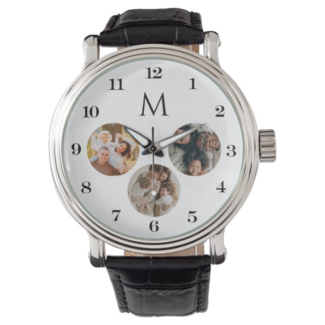 Aangepaste Elegant Monogram Modern 3 Fotocollage Horloge (Voorkant)