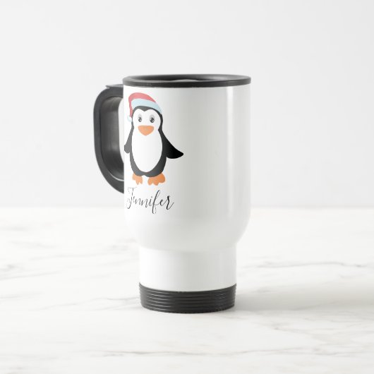aangepaste Elegant Script Name Stylish penguin 202 Reisbeker (Voorkant links)