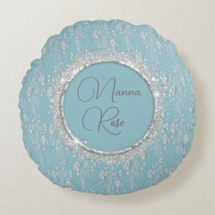 Aangepaste Elegant Silver Flowers op blauw Rond Kussen