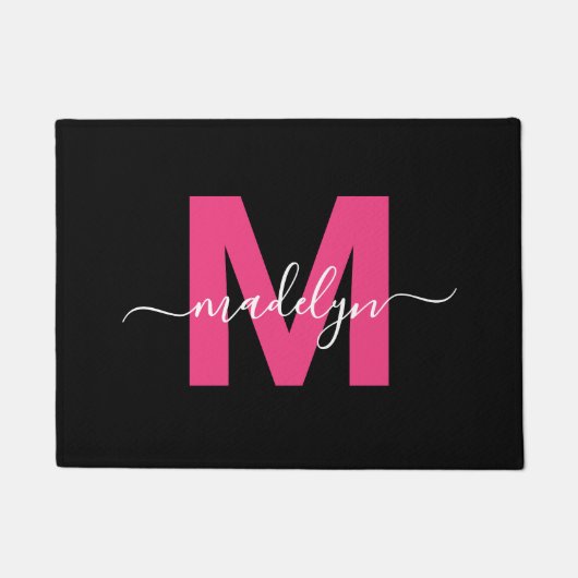 Aangepaste Elegant Zwart Hot Roze Monogram Script  Deurmat (Voorkant)