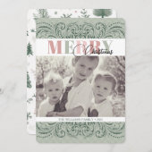Aangepaste Elegante Groene & Roze Foto Kerst Kaart (Voorkant / Achterkant)