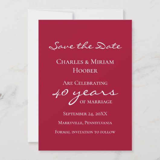 Aangepaste Elegante Ruby 40e bruiloft Jubileum Par Save The Date (Voorkant)