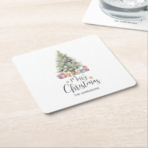 Aangepaste Elegante Waterverf Kerstboom Vierkante Kartonnen Onderzetter