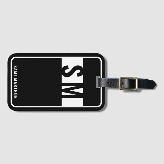 Aangepaste Elegante zwart-wit monogram reizen Bagagelabel (Voorkant (horizontaal))