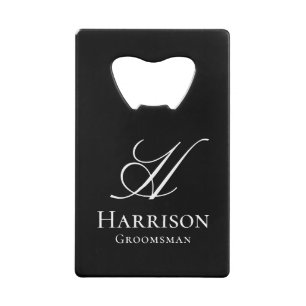 Aangepaste Elegante Zwarte Witte Monogram Naam Bru Kredietkaart Flessenopener