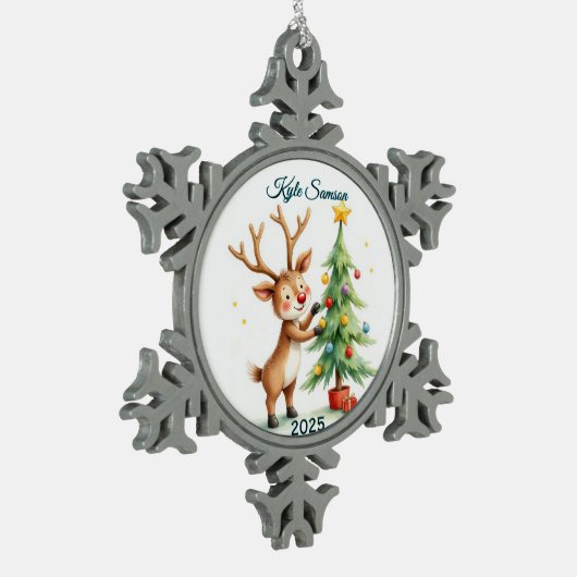 Aangepaste enkele rendier en kerstboom tin sneeuwvlok ornament (Links)