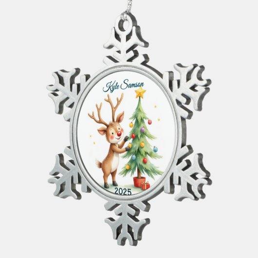 Aangepaste enkele rendier en kerstboom tin sneeuwvlok ornament (Rechts)