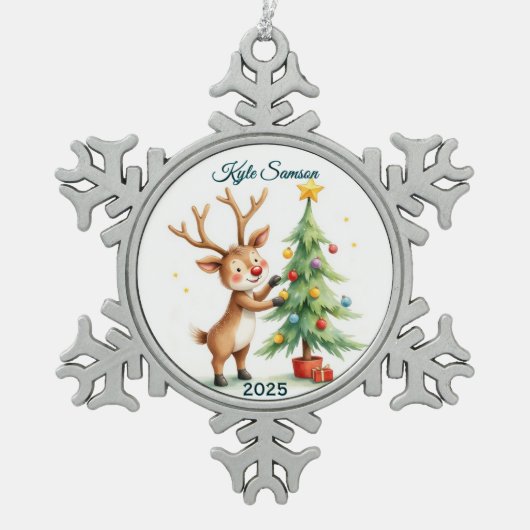 Aangepaste enkele rendier en kerstboom tin sneeuwvlok ornament (Voorkant)