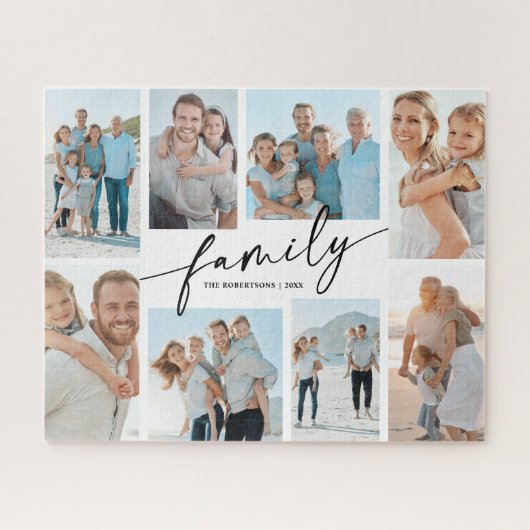 Aangepaste familie 8 foto collage moderne script legpuzzel (Horizontaal)