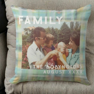Aangepaste familie foto typografie pastel plaid ta kussen