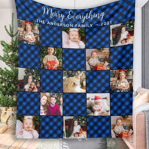 Aangepaste Familie Vakantie Blauwe Patchwork Plakk Fleece Deken