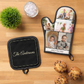 Aangepaste familiefoto collage zwart ovenwant & pannenlap set (Top down)