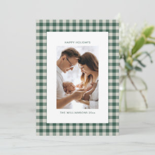 Aangepaste familiefoto groene geruite Happy Feestdagenkaart