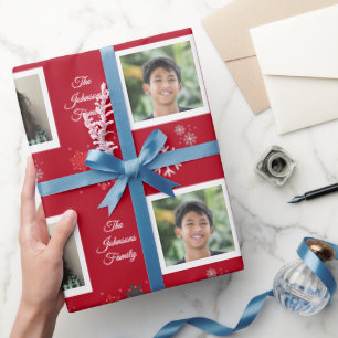 Aangepaste familienaam & 5 foto met kerstfeestjes cadeaupapier