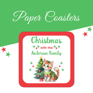 Aangepaste familienaam boom en kat rode kerst vierkante kartonnen onderzetter