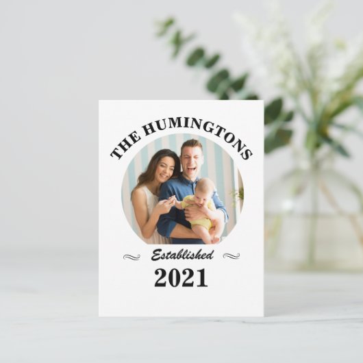 Aangepaste familienaam, foto en oprichtingsjaar briefkaart (Staand voorkant)