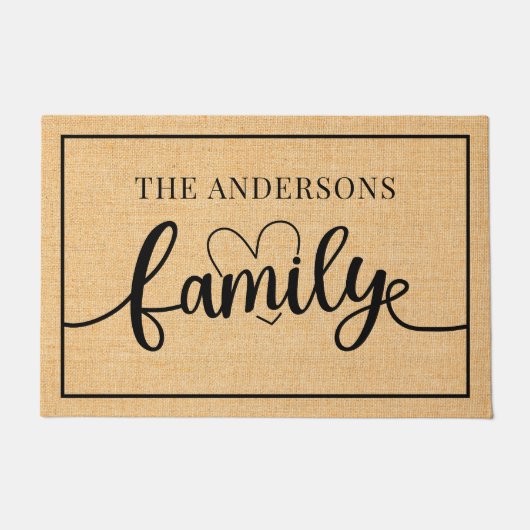 Aangepaste familienaam L Black Script Heart Rustic Deurmat (Voorkant)