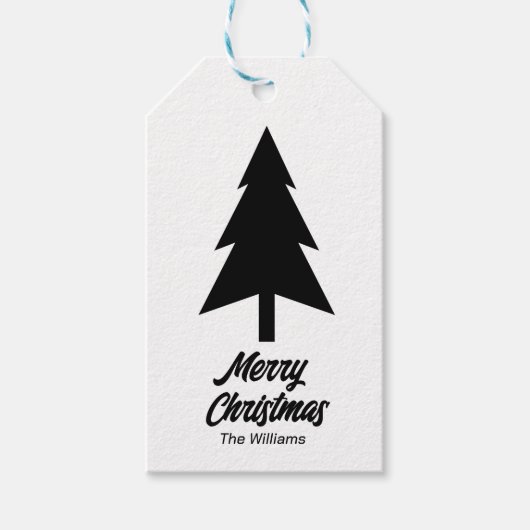 aangepaste familienaam Merry Christmas Zwart Wit Cadeaulabel (Voorkant)