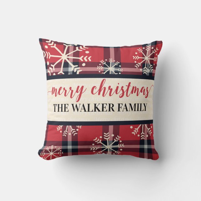 Aangepaste Familienaam Plaid en Snowflakes Vakanti Kussen (Voorkant)