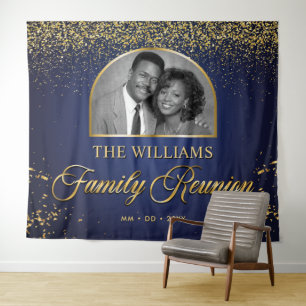 Aangepaste familiereüniebanner, 1 foto blauw goud wandkleed