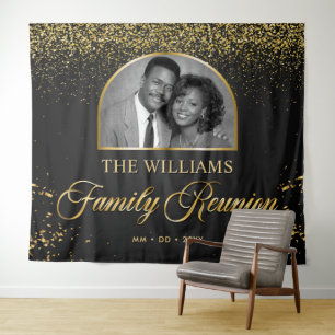 Aangepaste familiereüniebanner, 1 foto zwart goud wandkleed
