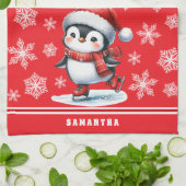 Aangepaste feestelijke rode pinguïn schaatser Kers Theedoek (Gevouwen)
