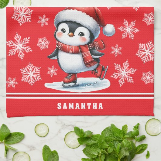 Aangepaste feestelijke rode pinguïn schaatser Kers Theedoek (Gevouwen)