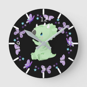 Aangepaste Floral Baby Triceratops & Butterflies Ronde Klok
