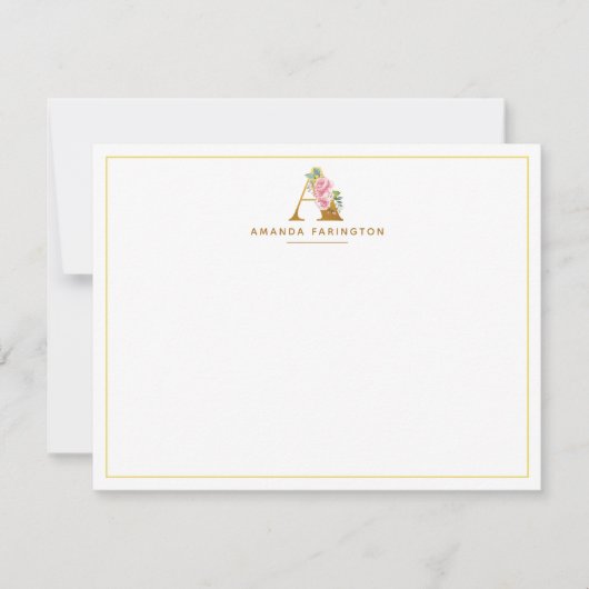 Aangepaste Floral Faux Gold Monogram Initiaal Notitiekaartje (Voorkant)
