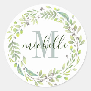 Aangepaste Floral Monogram Soft Summer Foliage Ronde Sticker