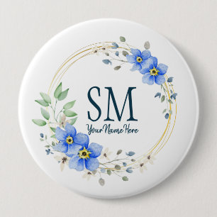 Aangepaste Floral Monogram Wilde Blauwe Bloemen Ronde Button 4,0 Cm