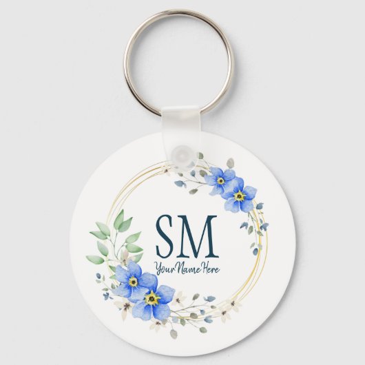 Aangepaste Floral Monogram Wilde Blauwe Bloemen Sleutelhanger (Voorkant)