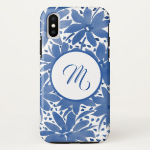 Aangepaste Floral Monogrammed Blue Waterverf iPhone XS Hoesje
