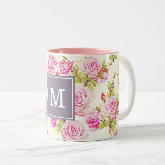 Aangepaste Floral Pattern Old Roos Monogram Mok (Voorkant rechts)