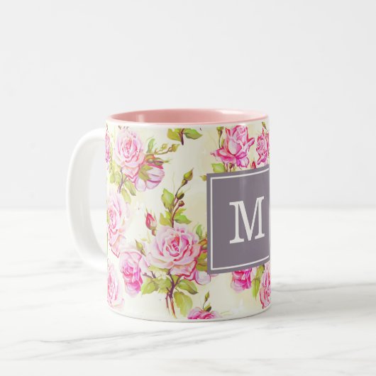 Aangepaste Floral Pattern Old Roos Monogram Mok (Voorkant links)
