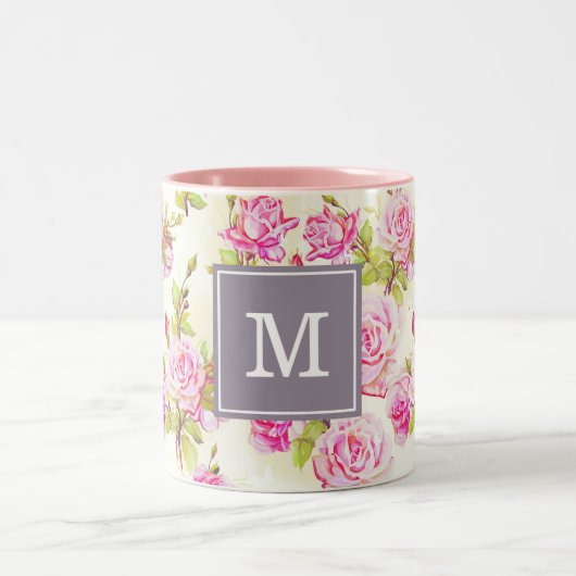 Aangepaste Floral Pattern Old Roos Monogram Mok (Center)