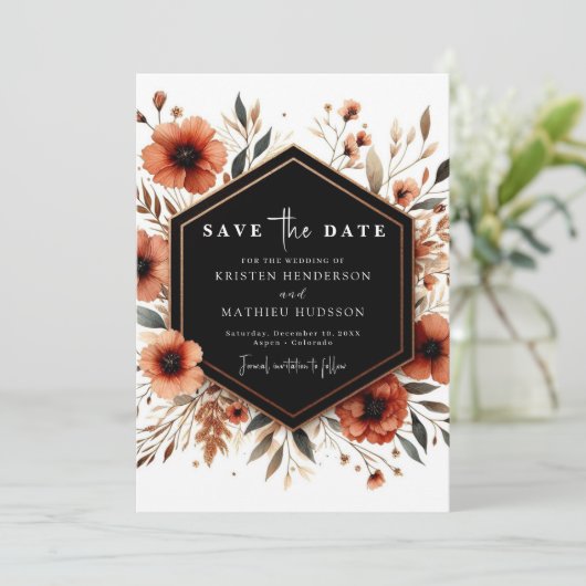 Aangepaste Floral Terracotta bruiloft Save The Date (Staand voorkant)