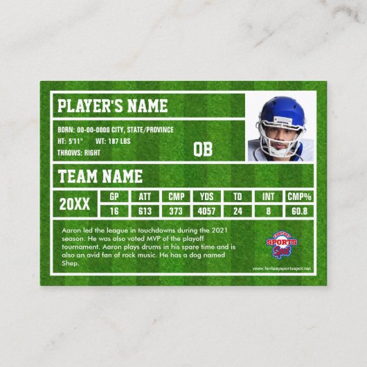 Aangepaste Football QB Trading Kaart (Kelly Green) Contactkaartje (Achterkant)